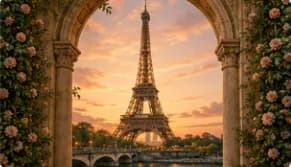 Eiffel Tower at sunset framed by a rose-covered stone arch