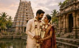 Newly-wed couple with garlands before a South Indian temple gopuram