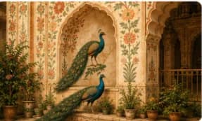 Peacocks on a painted floral mural wall with potted plants