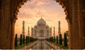 Taj Mahal at dawn framed by an ornate archway