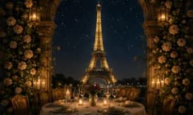 Candlelit dinner table beneath the Eiffel Tower at night