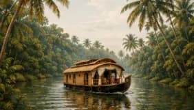 Traditional Kerala houseboat drifting through palm-lined backwaters